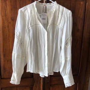 NWT . Free people ivory blouse with lace detail .